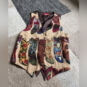 Venezia Jeans Vintage Western Cowboy Boot Print Vest - Multicolor- Size 14/16